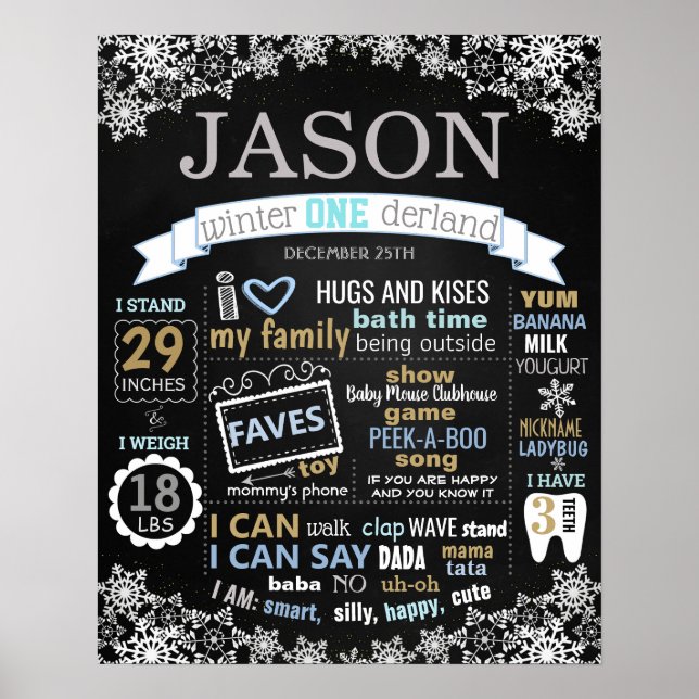 Poster Hiver Onederland Anniversaire Chalkboard garçon (Devant)