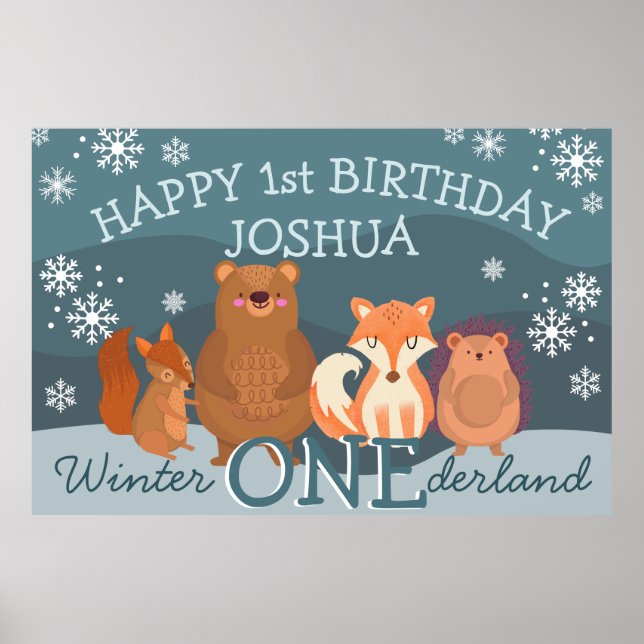 Poster Hiver Onederland bois animaux 1er anniversaire (Devant)