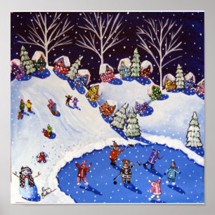 Poster Hiver Plaisir Patineur sur glace Enfants traîneau 