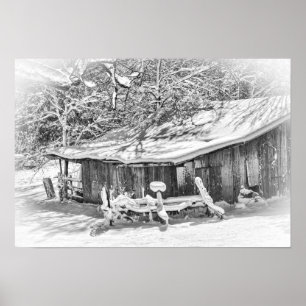 Poster Hiver Rural Scène Grange & Râteau - Tennessee Phot