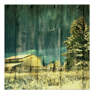 Poster hiver rustique à feuillage persistant vieux cabine