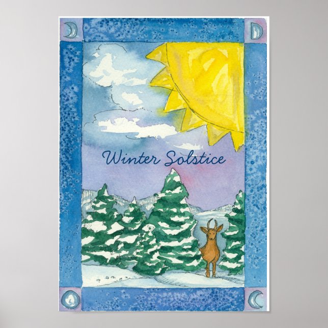 Poster Hiver Solstice Deer Neige Paysage Aquarelle (Devant)