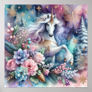 Poster Hiver Unicorne scène magique 4