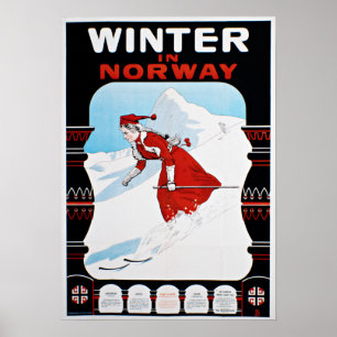 Poster Hiver vintage en Norvège Ski Travel