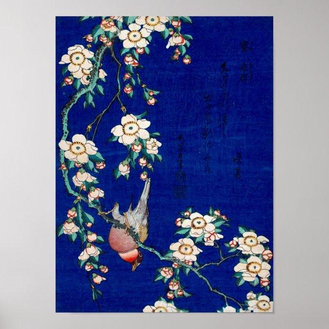 Poster Hokusai Bullfinch sur une branche de larmes (Devant)