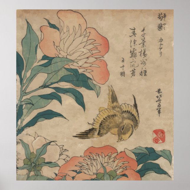 Poster Hokusai Peony et Canary (Devant)