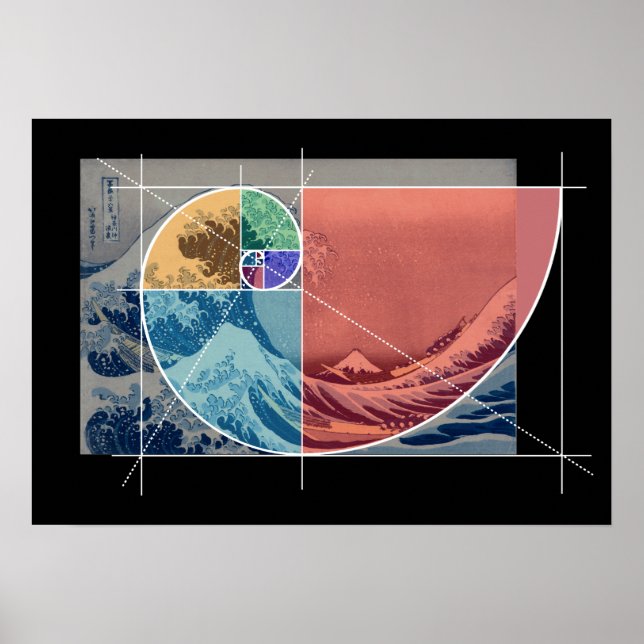 Poster Hokusai Rencontre Fibonacci, Formes Colorées (Devant)