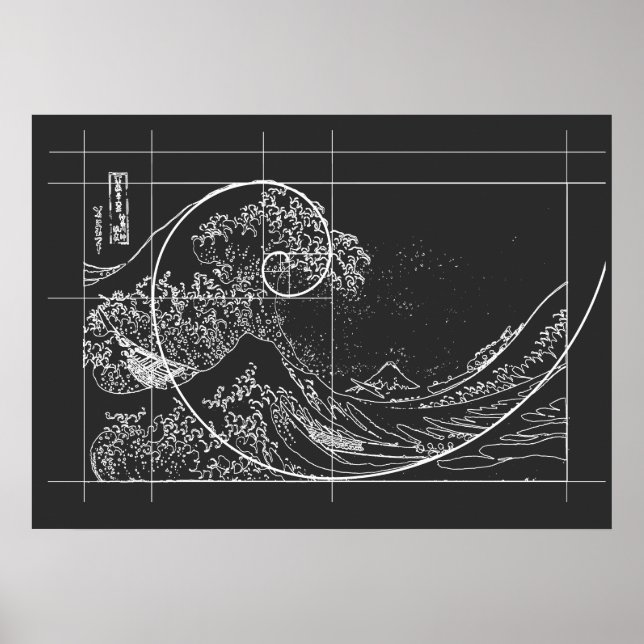 Poster Hokusai rencontre Fibonacci linéaire noir et blanc (Devant)