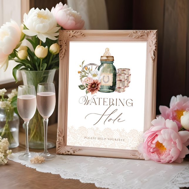 Poster Hole d'eau Bouteille bébé Baby shower occidental s (Watering Hole Baby Bottle Wild Western Baby Shower Poster)