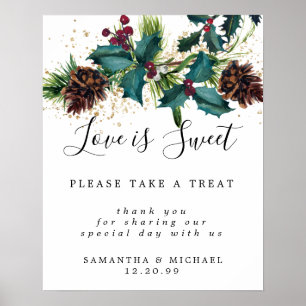 Poster Holly Berry Love is Sweet Mariage Dessert Bar Sign