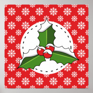 Poster Holly Berry on Red White Snowflakes