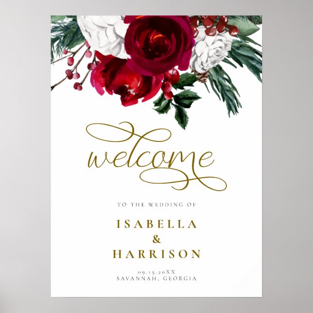 Poster HOLLY Bourgogne Floral Mariage de Noël Bienvenue (Devant)