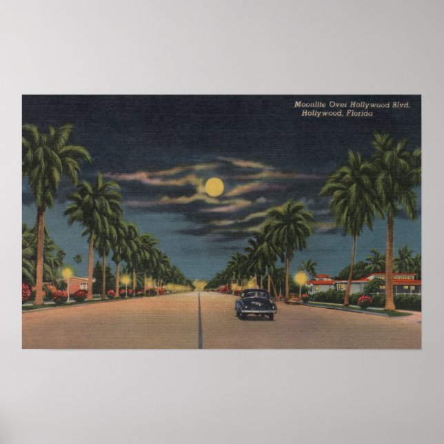 Poster Hollywood, FL - Lune vue sur Hollywood (Devant)