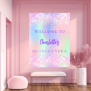Poster Hologramme rose violet Quinceanera bienvenue
