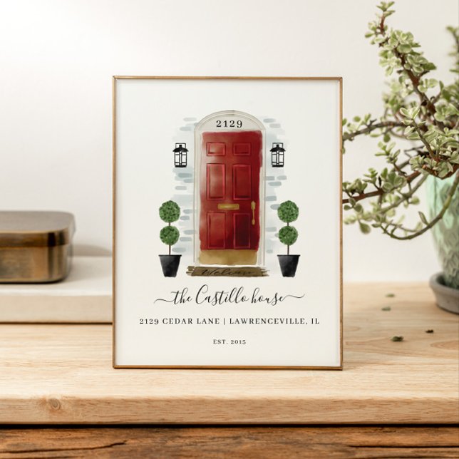 Poster Home Sweet Home Famille Rouge Aquarelle Porte de f (Home Sweet Home Family Red Watercolor Family Door Poster)