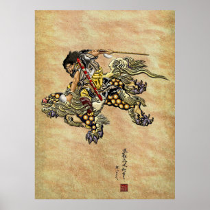 Poster Hommage à Hokusai - Shoki équitation Shishi Lion