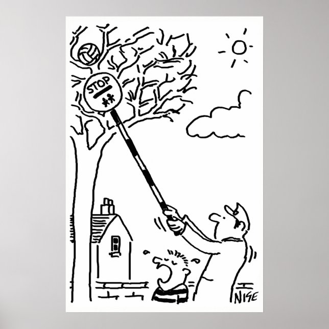 Poster Homme à la sucette sauve un ballon d'un arbre (Devant)