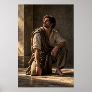 Poster Homme assis pieds nus dans un intérieur chaud et e