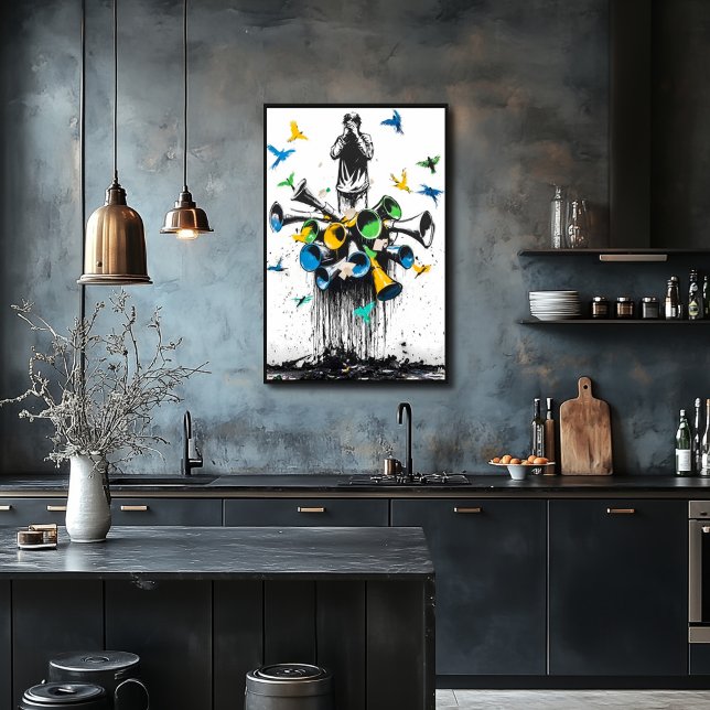 Poster Homme au graffiti avec mégaphones et oiseaux – Pro (Créateur téléchargé)