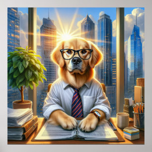 Poster Homme d'affaires Golden Retriever au bureau