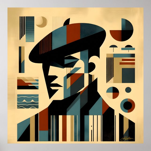 Poster Homme D'Art Moderne Du Milieu Du Siècle Portant Un (Devant)