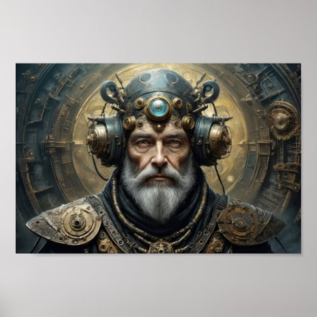 Poster Homme futuriste, armure de steampunk et casque psy (Devant)