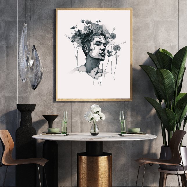 Poster Homme noir ligne blanche Art avec Fleur (Créateur téléchargé)