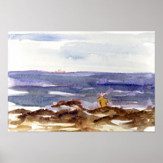 Poster Homme Plage Océan Pacifique Rivage Rocheux Aquarel