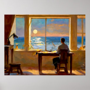 Poster Homme regardant la mer