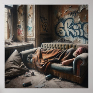Poster Homme sans abri faisant la sieste dans un bâtiment