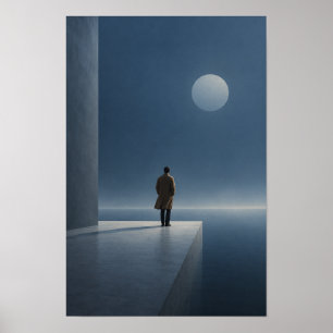 Poster Homme Solitaire Sous la Pleine Lune Figura Bleu Mi