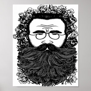 Poster Homme Whimsical Beard Mustache Fleurs Art