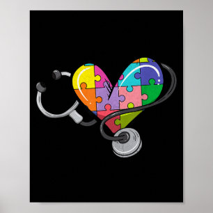 Poster Hommes femmes stéthoscope autisme cœur puzzle colo