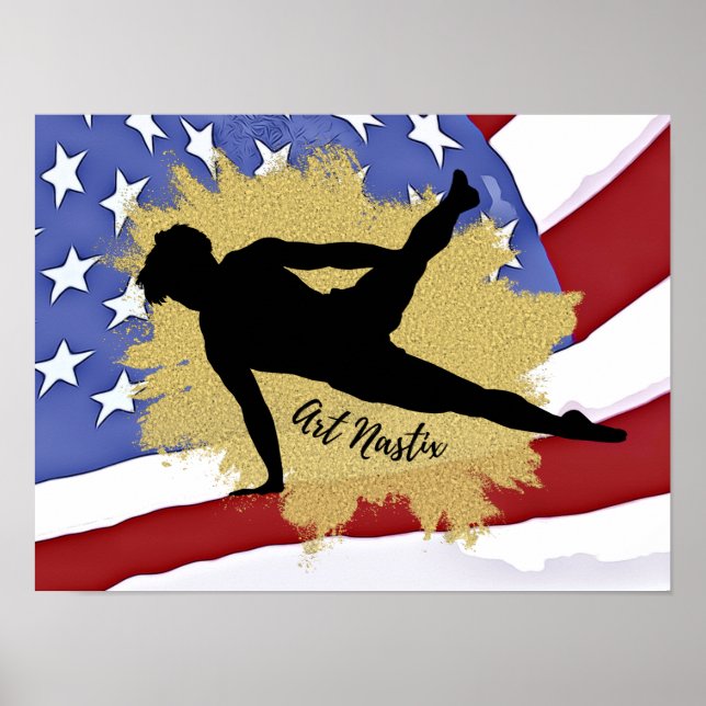 Poster Hommes Gymnaste Silhouette Art - Drapeau américain (Devant)