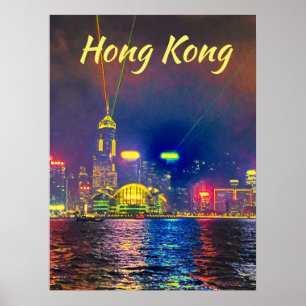 Poster Hong Kong by night design moderne de murs de voyag