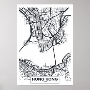 Poster Hong Kong, Chine   Carte de la ville noire et blan