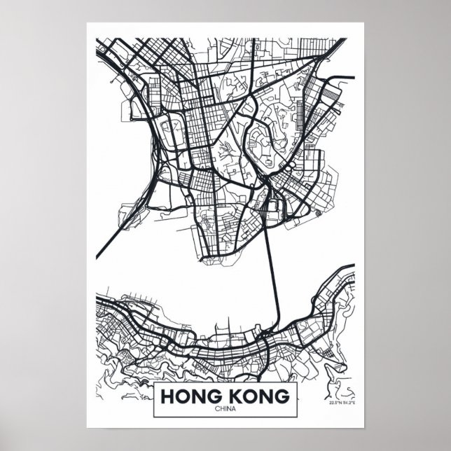 Poster Hong Kong, Chine | Carte de la ville noire et blan (Devant)