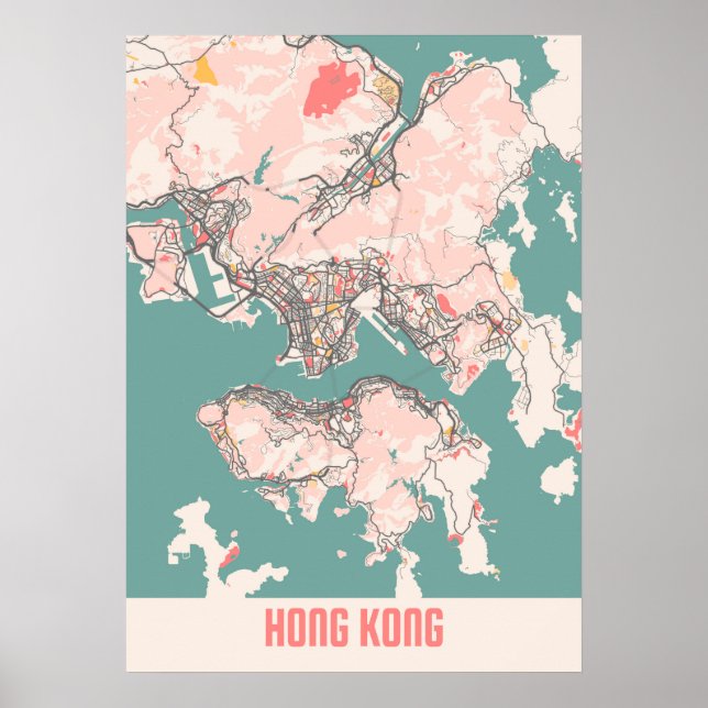 Poster Hong Kong - Hong Kong Carte de la ville de Chalk (Devant)