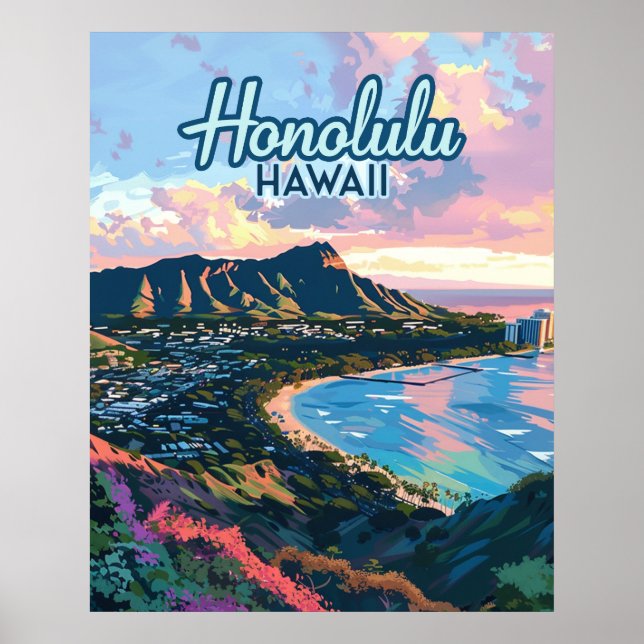 Poster Honolulu Hawaii Oahu Waikiki Beach Diamondhead (Devant)