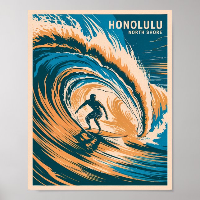 Poster Honolulu North Shore Retro Surfing Hawaii Waves (Devant)