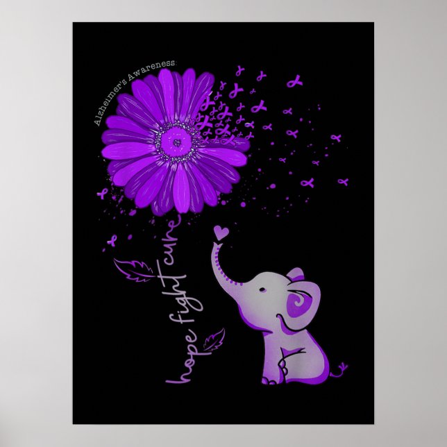 Poster Hope Fight Cute Elephant Alzheimer's Purple Ribbon (Devant)