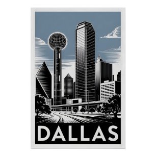 Poster Horizon de Dallas Texas Noir Blanc Gravure sur Boi