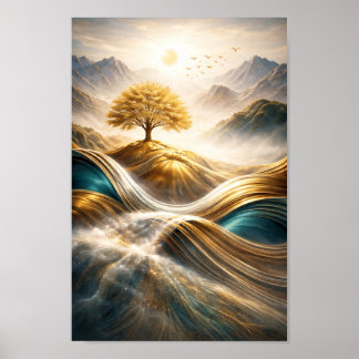 Poster Horizon Doré : Arbre de Sérénité - Œuvre Murale