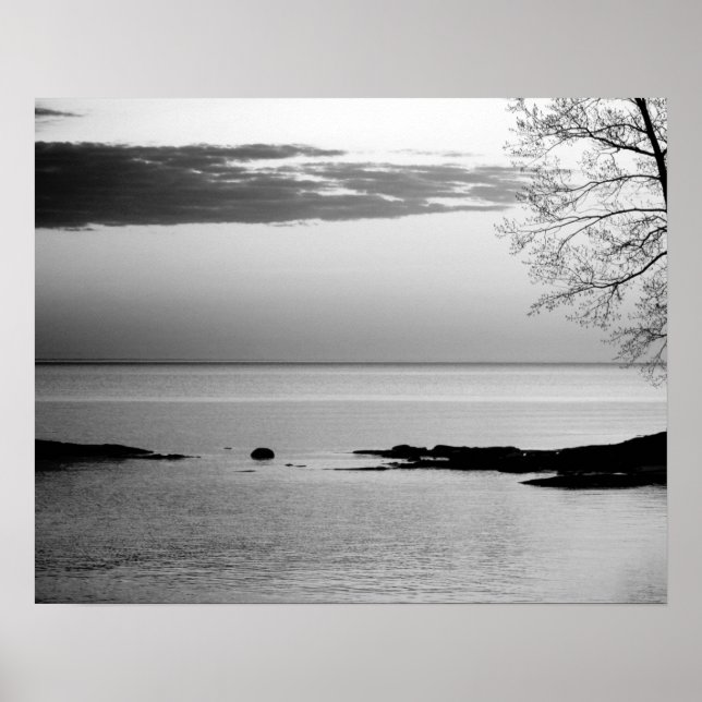 Poster Horizon lac noir et blanc à l'aube 16x20 (Devant)