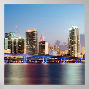 Poster Horizon lumineux de Miami du centre au crépuscule