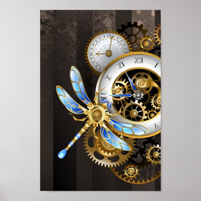 Poster Horloge à vapeur avec libellule mécanique (Devant)