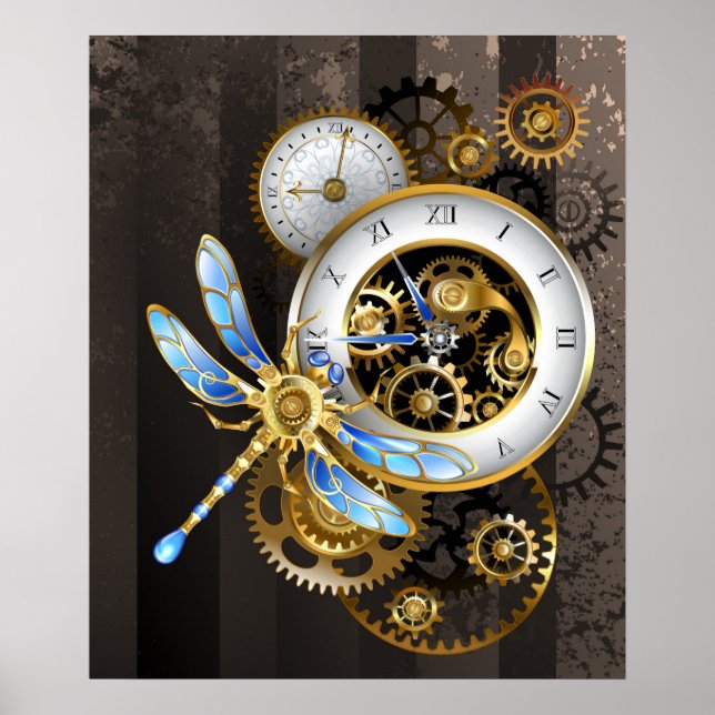 Poster Horloge à vapeur avec libellule mécanique (Devant)