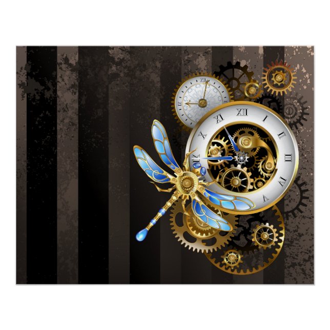 Poster Horloge à vapeur avec libellule mécanique (Devant)