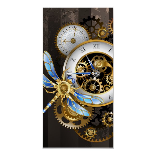 Poster Horloge à vapeur avec libellule mécanique (Devant)