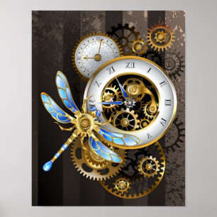 Poster Horloge à vapeur avec libellule mécanique